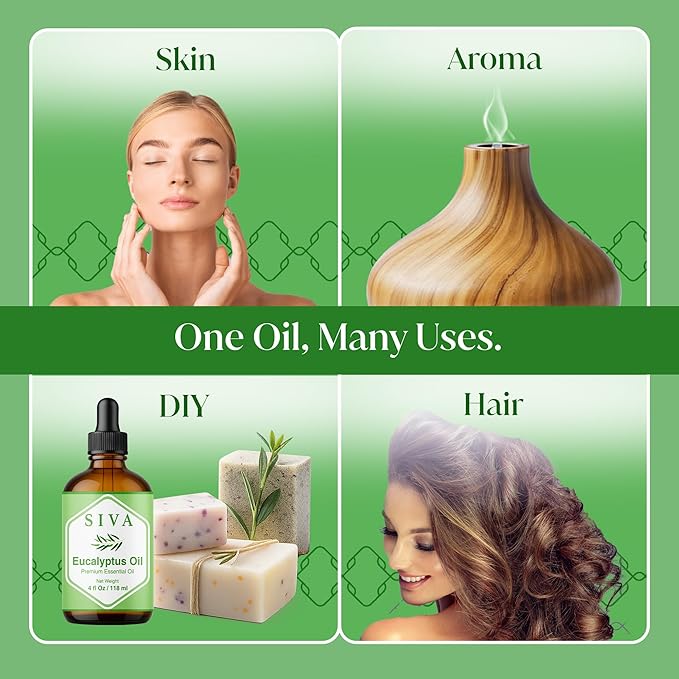 Siva Eucalyptus Essential Oil 4 Fl Oz – for Diffuser, Skin & Hair Care – Ideal for Aroma, Massage & DIY Blends- with Dropper