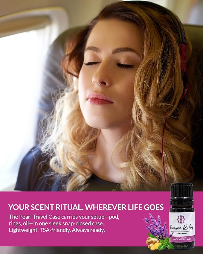 Essence Pearl Travel Case | Nausea Relief Essential Oil | Aromatherapy Nasal Diffuser & Essential Oil Carrying Case | Peppermint & Ginger Blend | Travel-Friendly Kit | Black Pod