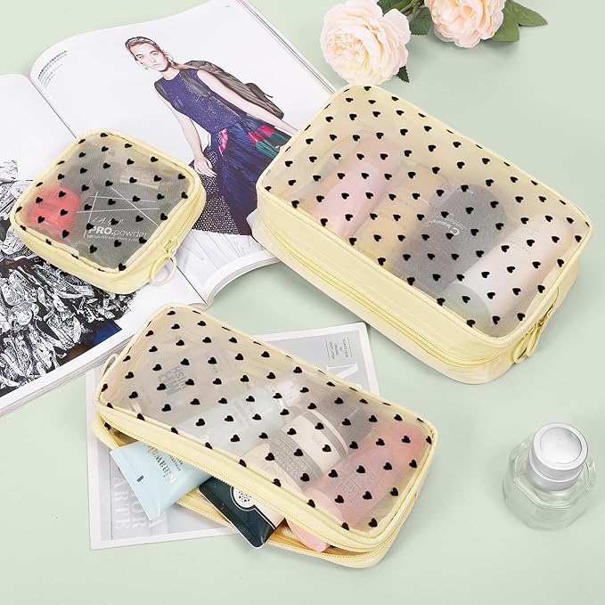 Sinzip 5 Pieces Mini Zipper Nylon Mesh Pouch, Mesh Cosmetic Bags Makeup Bags, Multipurpose Travel Toiletry Bags for Office Supplies and Travel Accessories (Heart Print-Beige, Assorted Sizes)