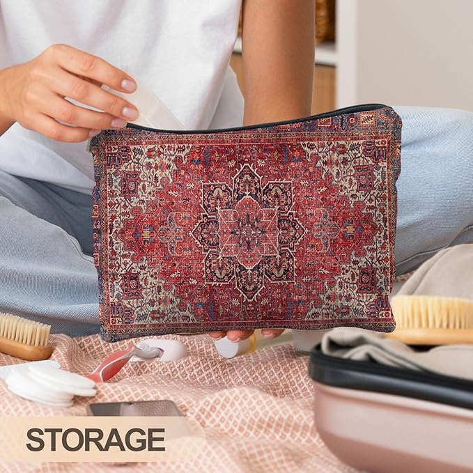 RYYCDOI Traditional Red Rug Style Makeup Bag, Vintage Ethnic Pattern Cosmetic Bag Gifts for Women Friends, Boho Tapestry Pouch