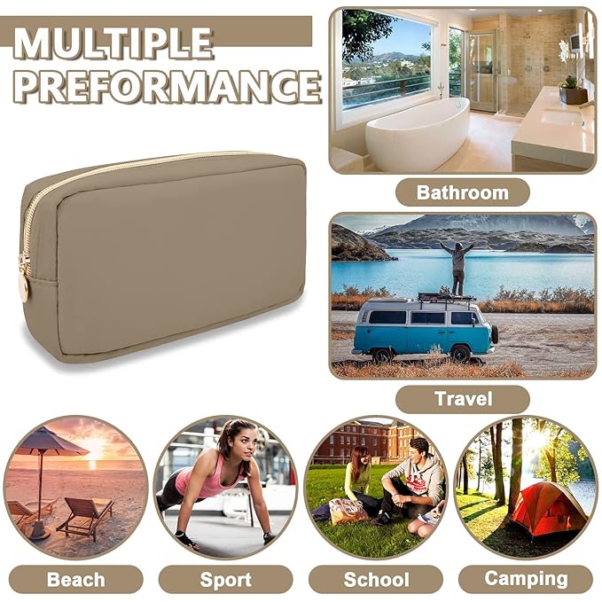 UIXIZQ Small Makeup Bag Pouch for Purse, Nylon Travel Toiletry Storage Bag Cute Preppy Cosmetic Bag for Women Girls, Waterproof Makeup Organizer Bag Pouch Skincare Bag Purse with Zipper (Small-Khaki)