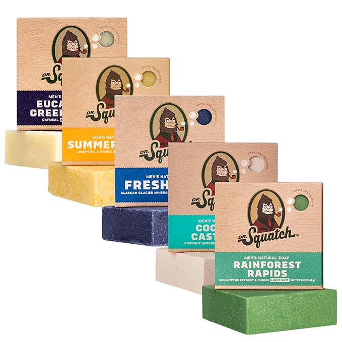 Dr. Squatch Natural Men’s Bar Soap - Cold Process Body Soap Bar with Natural Oils - Gifts for Men - Summer Citrus, Coconut Castaway, Fresh Falls, Coastal Mist & More (5 oz, 5-Pack, Scents May Vary)