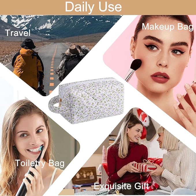 HHQQWZ Makeup Bag Travel Cosmetic Bag for Women, Zipper Make Up Pouch, Floral Flowers Toiletry Organizer Makeup with Handle, Cosmetic Travel Cloth Bag (Purple Floral)