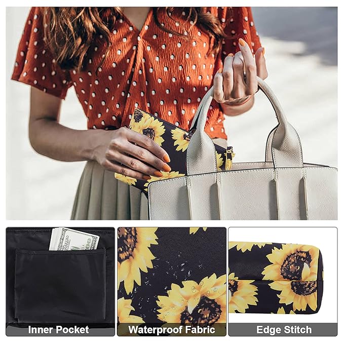 HAWEE Cosmetic Bag for Women Make up Storage Pouch Case Portable Zipper Travel Accessories Organizer for Toiletry Water Repellent, Sunflower