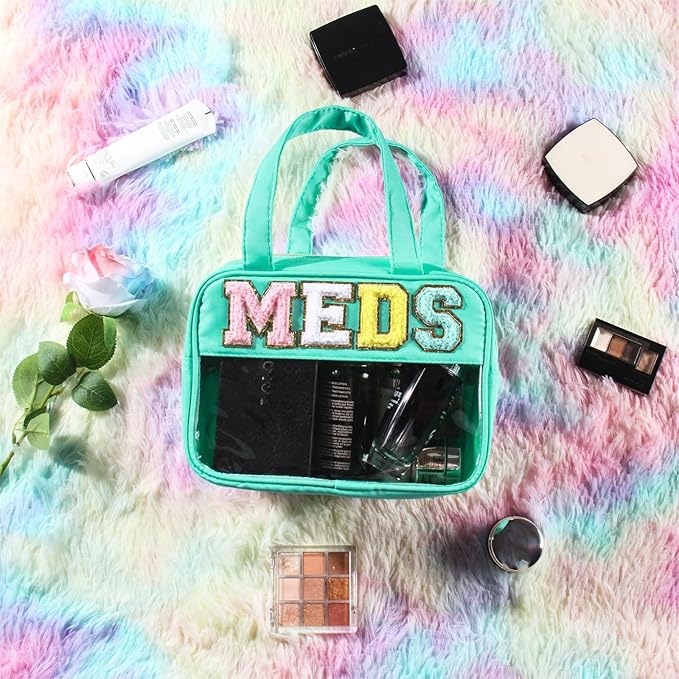 BuyCard Chenille Letter Clear Medicine Makeup Bag for Travel, Preppy Patch Nylon Cosmetic Meds Pouch with Handles and Zipper, Waterproof Large Travel Toiletry Purse Storage for Women Green
