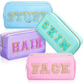 Remerry 4 Pcs Nylon Makeup Bags Waterproof Spacious Travel Cosmetic Bag for Women Chenille Letter Preppy Zipper Pouch Face Stuff Skin Hair Organizer Gift(Light Blue, Green, Purple, Pink)