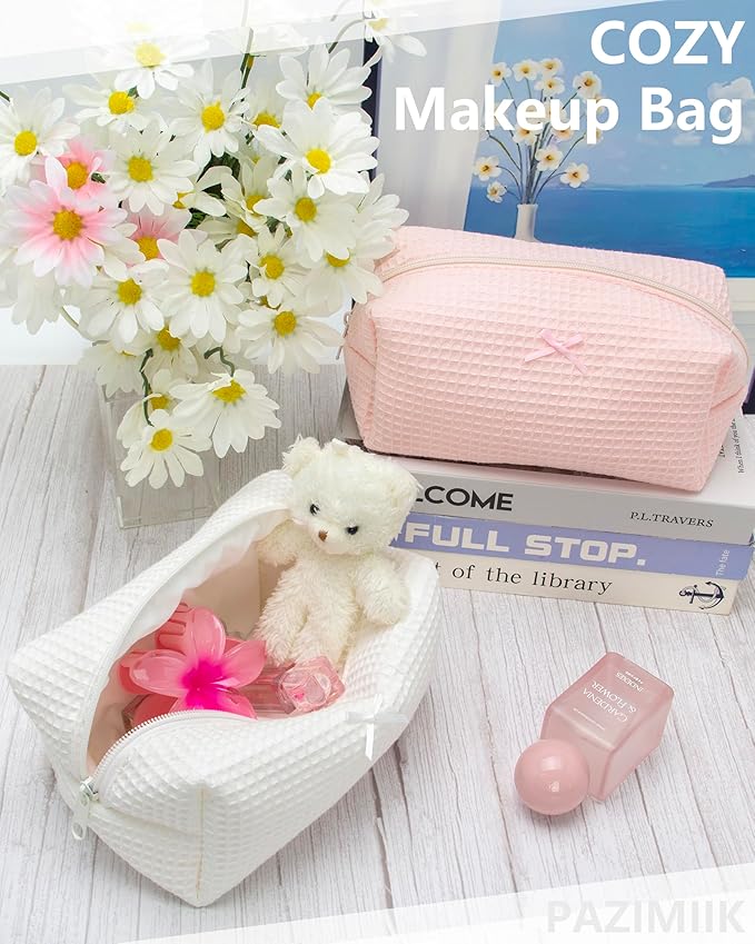 PAZIMIIK Cozy Makeup Bag for Women,Zipper Cosmetic Pouch,Waffle Cream White