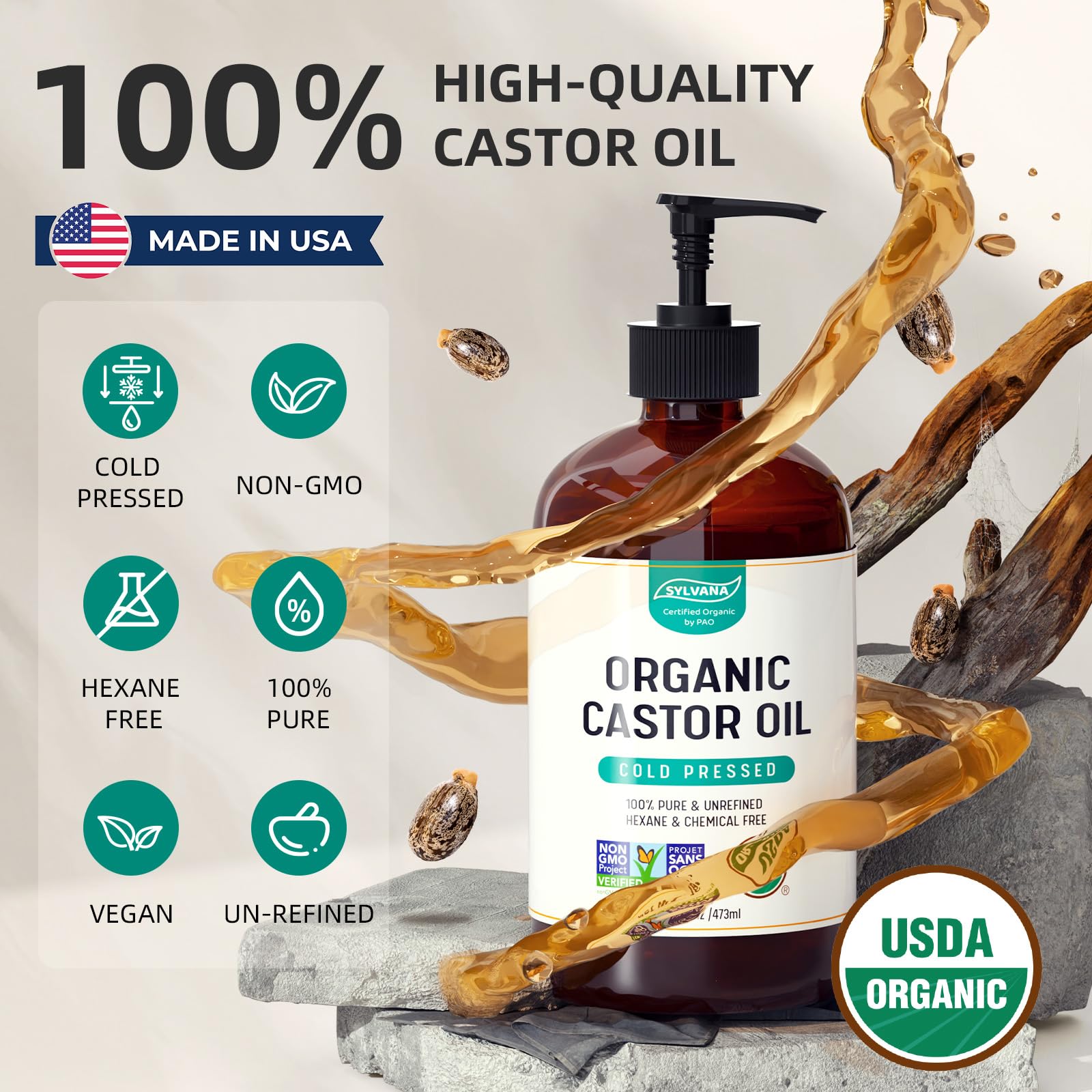 SYLVANA Organic Castor Oil with Pump (16oz Glass Bottle), USDA Certified Organic, Cold Pressed, Hexane Free, Vegan - 100% Pure Castor Oil for Hair Growth, Nourishing Skin, Lashes & Eyebrows