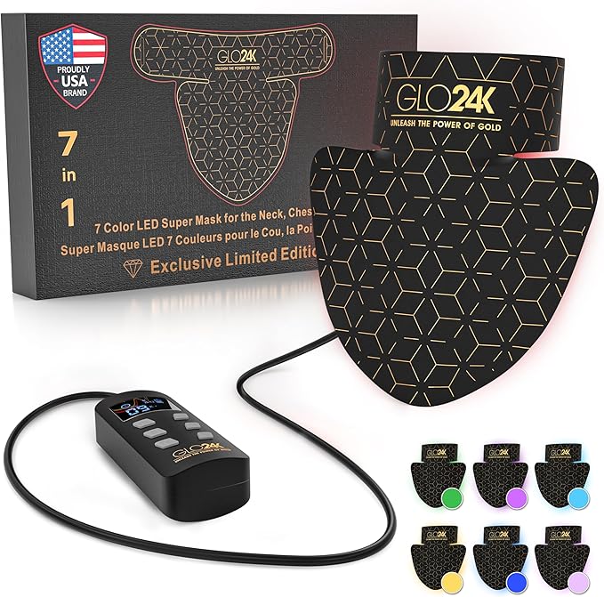 GLO24K LED Neck Mask with 7 Color Modes - Rechargeable Red Light Beauty Mask for Neck, Chest & Décolleté, Adjustable Intensity and Timer for Smoother, Radiant-Looking Skin