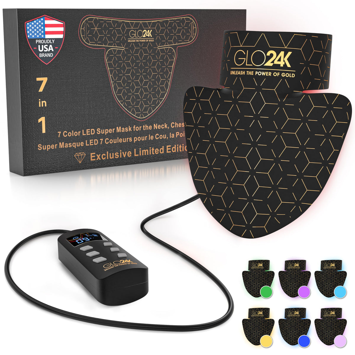 GLO24K LED Neck Mask with 7 Color Modes - Rechargeable Red Light Beauty Mask for Neck, Chest & Décolleté, Adjustable Intensity and Timer for Smoother, Radiant-Looking Skin