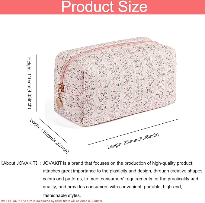 JOVAKIT Square Makeup Bag Cute Cosmetic Bag for Women, Floral Coquette Aesthetic Toiletry Bag, Zipper Make Up Pouch, Travel Make Up Organizer Bag (Pink Floral+Pink Bow Tie)
