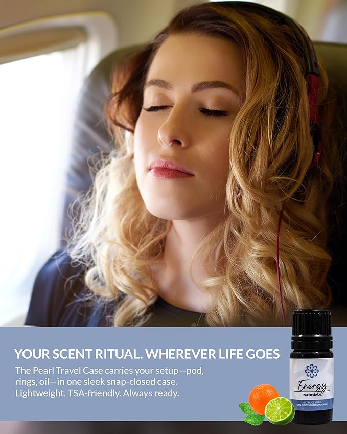Essence Pearl Travel Case | Energy Essential Oil | Aromatherapy Nasal Diffuser & Essential Oil Carrying Case | Peppermint & Citrus Blend | Travel-Friendly Kit | Black Pod