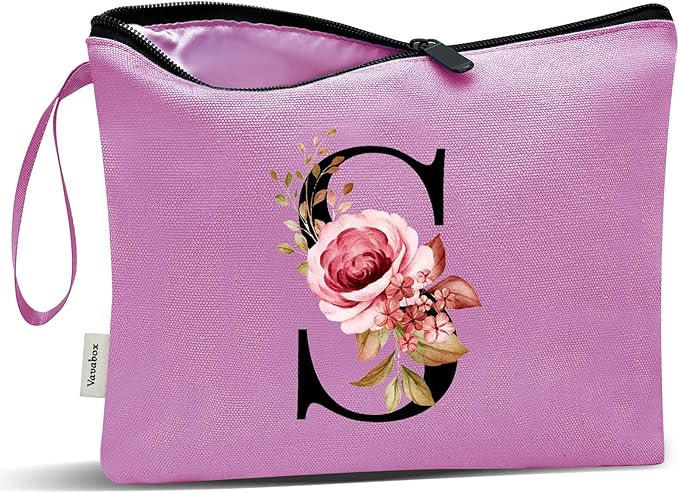 Vavabox A-Z Personalized Makeup Bag, Birthday Gifts for Women Mom, Gifts for Best Friend, Bride Bridesmaid Cosmetic bag (S, 07-Purple)