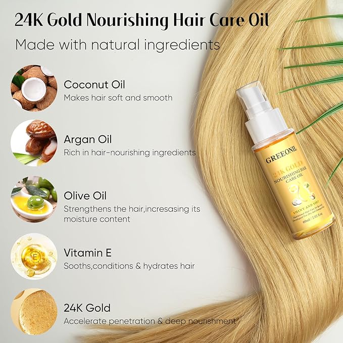 GREEONIL Hair Oil with 24K Gold Infused Argan Oil for Frizz Control