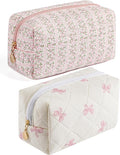 HHQQWZ Makeup Bag Travel Cosmetic Bag for Women Girls, Zipper Make Up Pouch, Floral Flowers Toiletry Organizer Makeup, Portable Storage Cosmetic Travel Cloth Bag (Pink+Pink Bow Tie)