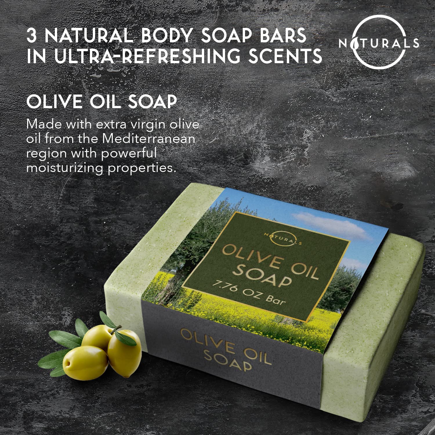 O NATURALS Bar Soap for Men - 3-Pcs Mens Soap Bar - Natural Soap - Mens Bar Soap - Men Soap - Natural Soap for Men - Organic Men's Soap Bars - Exfoliating Soap Bar - Citrus, Olive & Cedarwood