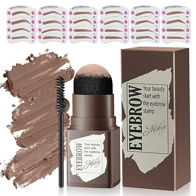 Long-Lasting Eyebrow Powder - Waterproof & Natural Pigment, 24PCS Eyebrow Stencils for Perfect Brow, Eyebrow Kit with Eyebrow Brush for Girls (Medium Brown)