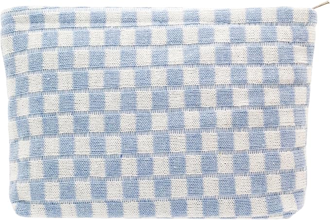PAZIMIIK Checkered Makeup Bag for Purse, Small Flat Cosmetic Pouch,Blue