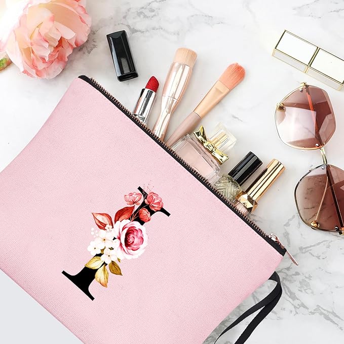 Vavabox A-Z Personalized Makeup Bag, Birthday Gifts for Women Mom, Gifts for Best Friend, Bride Bridesmaid Cosmetic bag (I, 06-Pink)