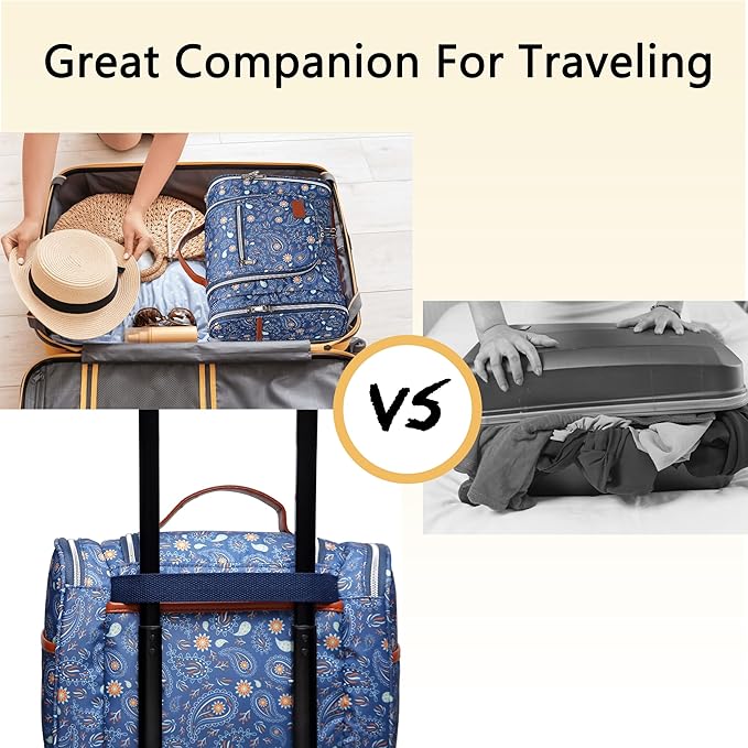 Perlvin Alinne Hanging Toiletry Bag for Women, Travel Makeup with Metal Swivel Hook, Organizer for Full Sized Cosmetics and Toiletries,Water-Resistant Nylon,Paisley Floral