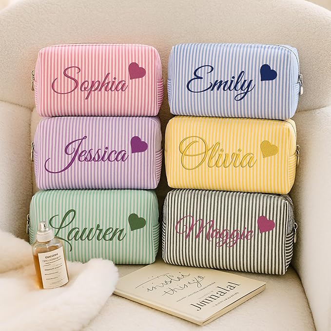 Ajiangwu Personalized Makeup Bag with Embroidered Name&Birth Flower for Bridesmaid Gifts,Custom Small Travel Cosmetic Bag Toiletry Bag Wedding Gifts for Bride