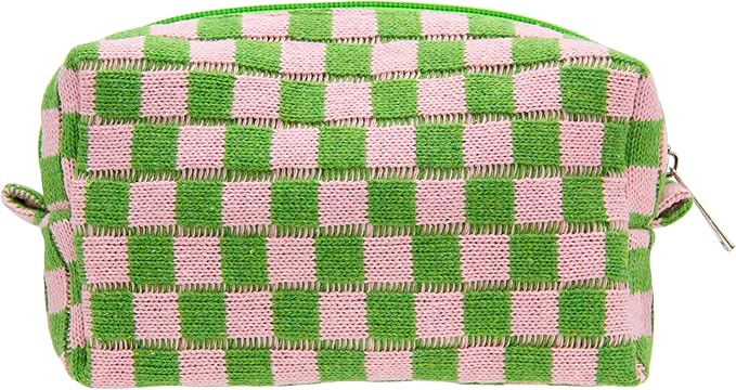Checkered Makeup Bag for Purse, Small Travel Cosmetic Pouch,Pink Green