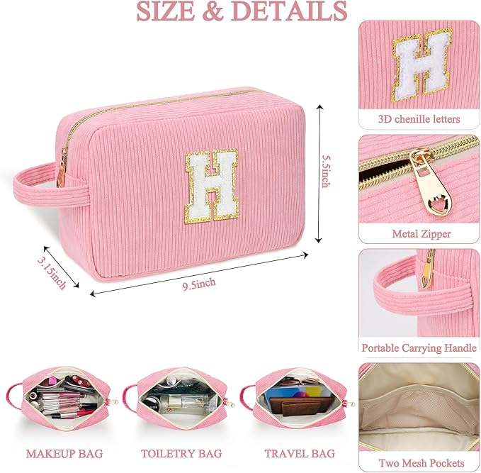Sernaxi Personalized Initial Makeup Bag Trendy Stuff Corduroy Cosmetic Bag Travel Toiletry Bag, Valentine’s Day Gift Makeup Organizer Case & Makeup Pouch for Women teen Girls Mom Girlfriend Wife