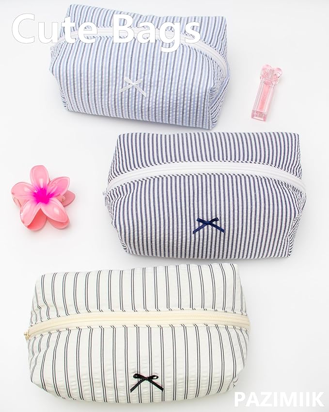 PAZIMIIK Cozy Makeup Bag for Women,Zipper Cosmetic Pouch,Stripe Navy Blue