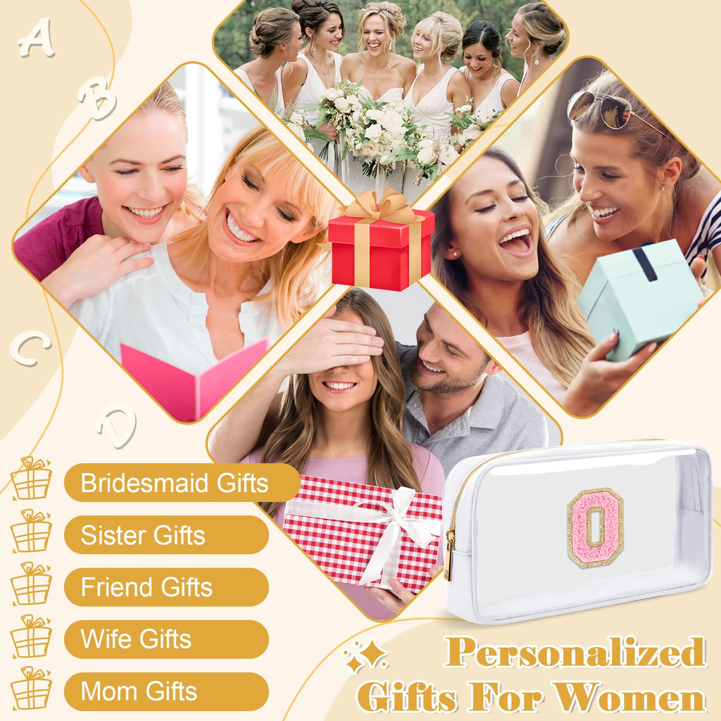 UIXIZQ Personalized Initial Letter Clear Makeup Bag,Preppy Small Nylon&PVC Cosmetic Zipper Bag with Chenille Letter,Travel Skincare Toiletry Bag,Monogram Christmas Gift for Teen Girls Women,O