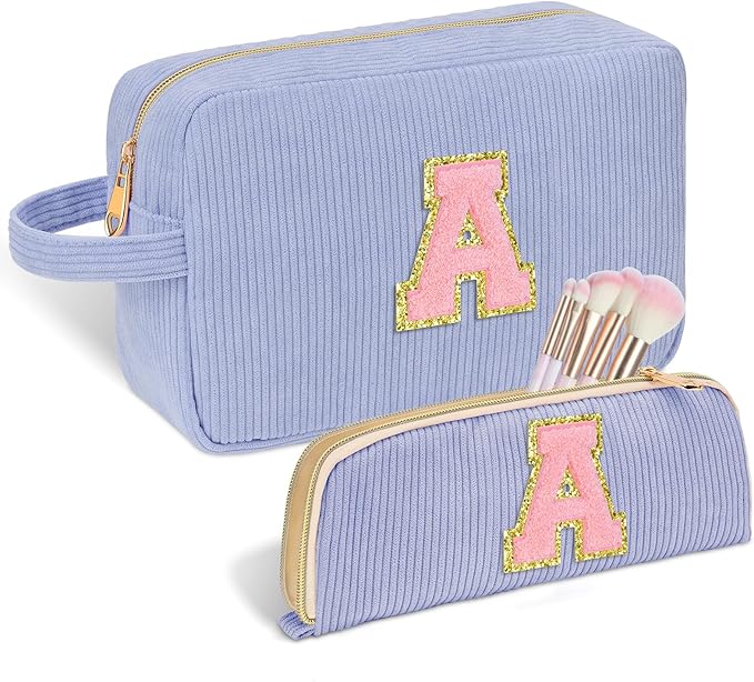Sernaxi Personalized Initial Makeup Bag Trendy Stuff Corduroy Cosmetic Bag Travel Toiletry Bag, Valentine’s Day Gift Makeup Organizer Case & Makeup Pouch for Women Teen Girls Mom Girlfriend Wife