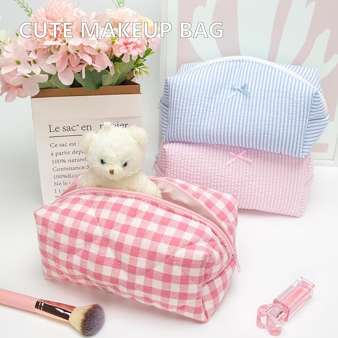PAZIMIIK Cozy Makeup Bag for Women,Zipper Cosmetic Pouch,Checkered Pink