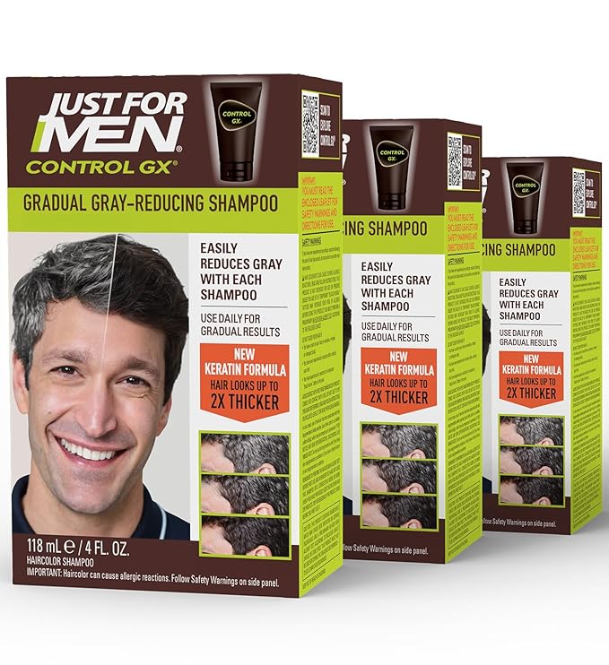 Just for Men Control GX Grey Reducing Shampoo, Gradual Color with Keratin for Stronger Thicker and Healthier Looking, 4 Fl Oz - Pack of 3