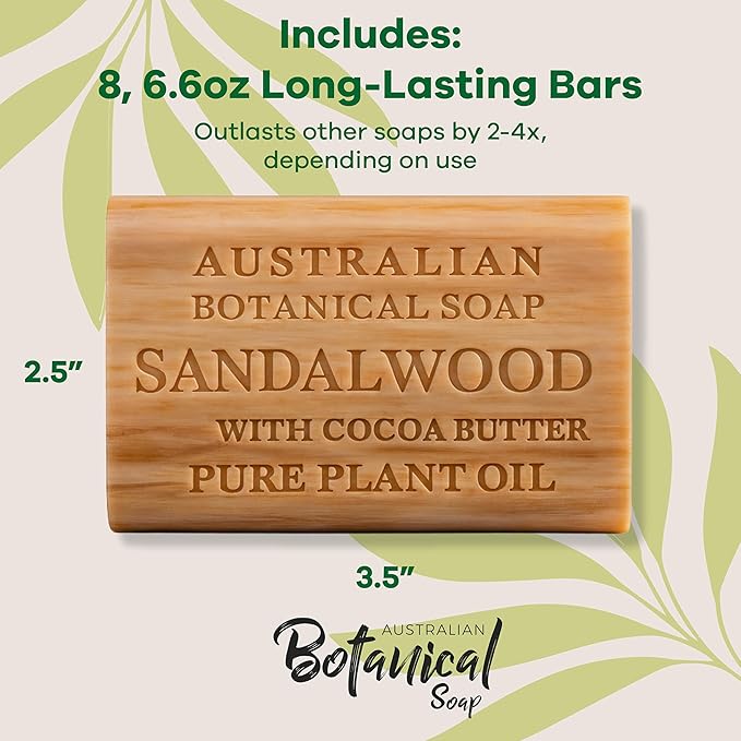 Australian Botanical Soap, Sandalwood and Cocoa Butter, 6.6 OZ, Triple Milled Bars Made with a Natural Soap Base and Enriched with Organic Shea Butter, Pack of 8