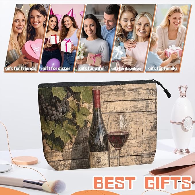 Scribesense Cosmetic Bags Travel Makeup Toilet Case Waterproof Pouch for Women Girls 6.7X9.45inches - Glass And Grapes on An Aged Wooden Background