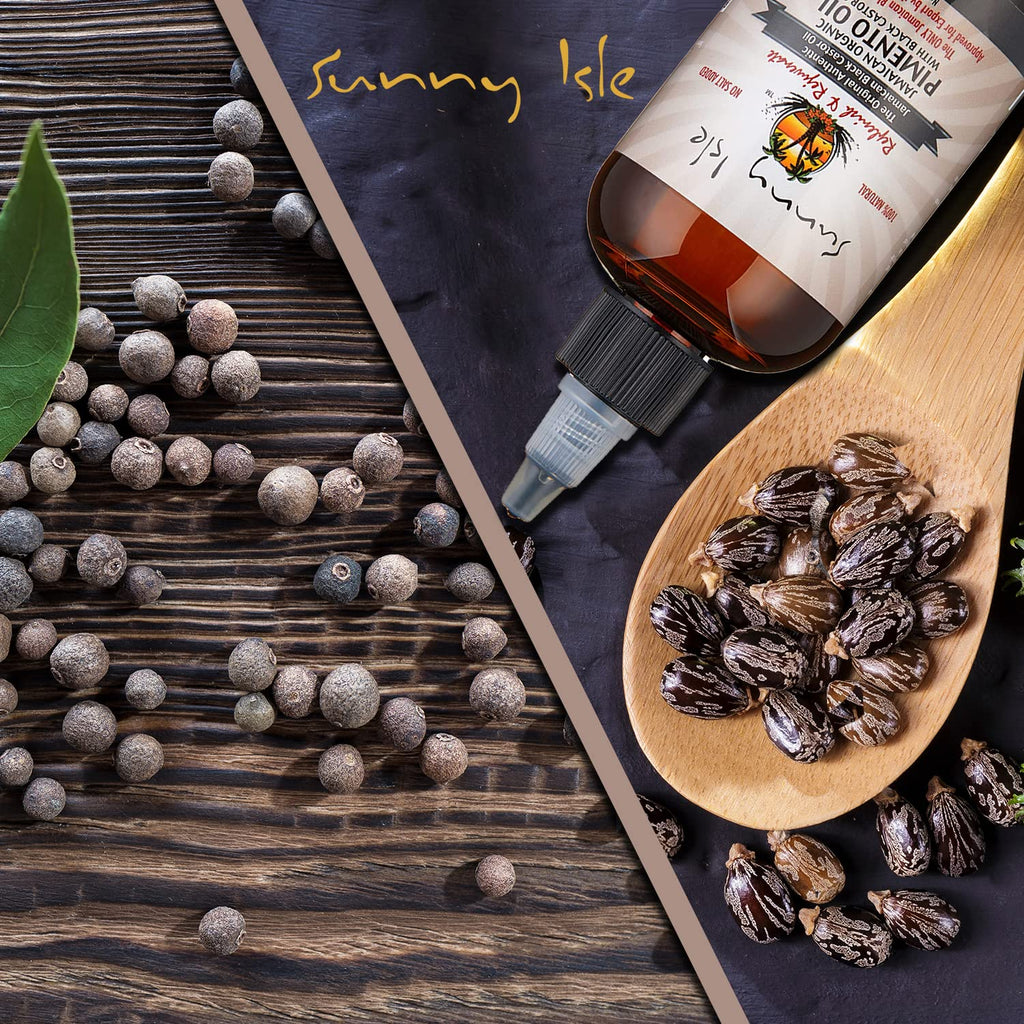 Sunny Isle Jamaican Organic Pimento Oil with Black Castor Oil 4oz | Formulated to Nourish the Scalp, Condition and Strengthen Hair | Traditional Body Rub for Muscle Pain