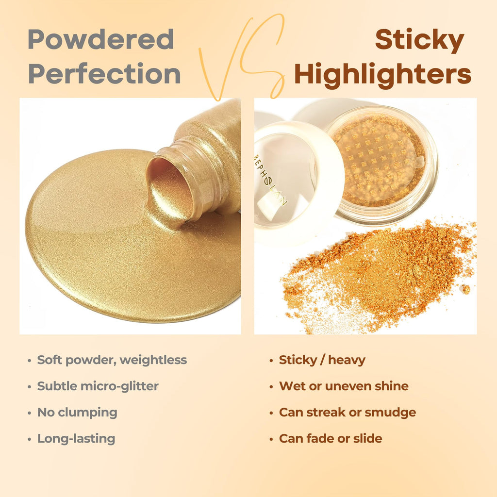 BEPHOLAN Highlighter Powder,High Gloss Glitter,Sparkling Powder Makeup for Face and Body - High-Pigment Shimmer Makeup, Long-Lasting & Buildable（Gilded Gleam 10g）