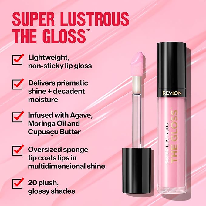 REVLON Super Lustrous Lip Gloss, Non-Sticky, Hydrating, High Shine Finish, 205 Snow Pink, 0.13 oz (Pack of 2)