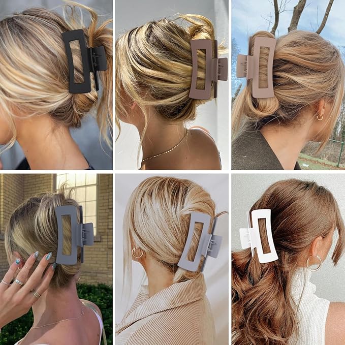 Sisiaipu 4 Inch Big Hair Claw Clips 6 Pcs Large Claw for Thick Hair Square Hair Clips for Women Rectangle Hair Clips Nonslip Acrylic Banana Jaw Clips Hair Accessories for Girls (Brown Grey)
