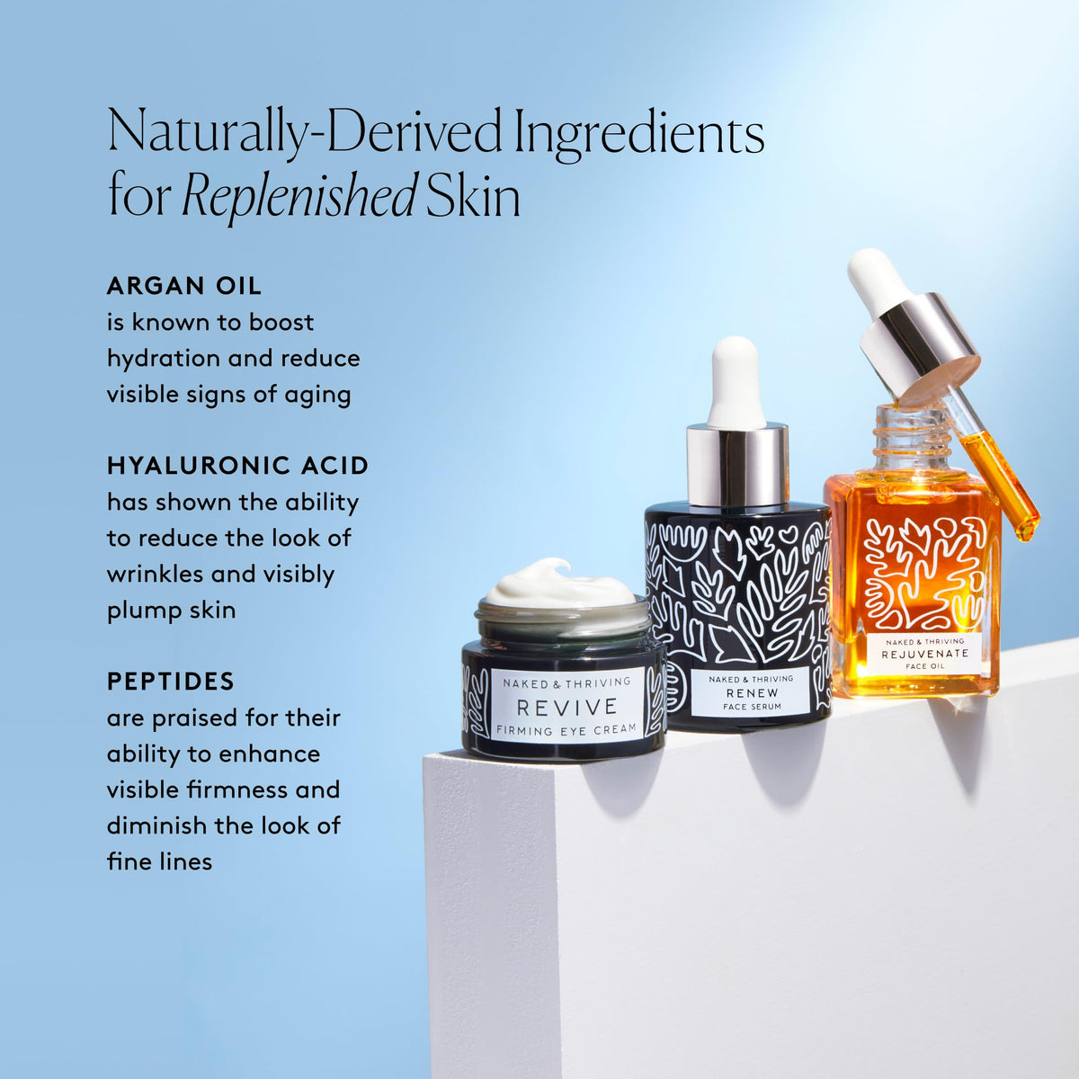 Naked & Thriving Restorative Night Routine | Renew Night Serum (30 mL) + Revive Eye Cream (15 mL) + Rejuvenate Face Oil (35 mL) with Peptides, Squalane, Hyaluronic Acid, and Fruit AHAs (Set of 3)