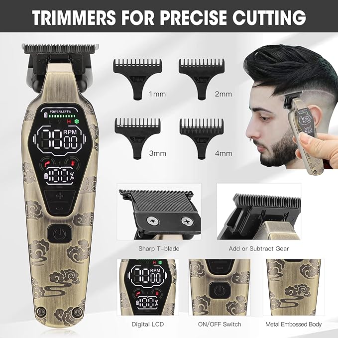 Qreeyx Professional Cordless Barber Clippers for Men - Hair Clippers Zero Gap T-Blade Trimmer Electric Foil Shaver and Nose Hair Trimmer Set, Hair Cutting Grooming Kit Ideal Gift for Men
