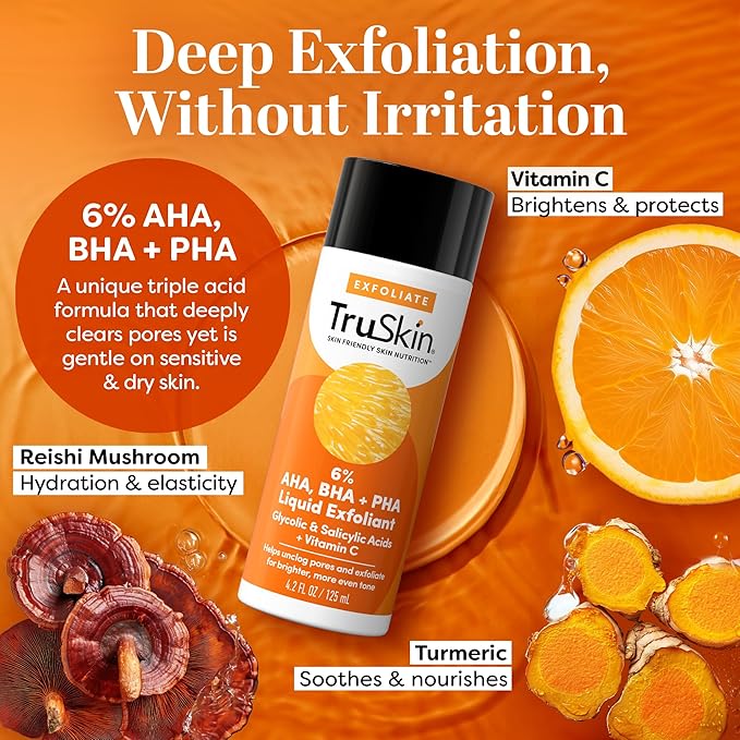 TruSkin AHA PHA BHA Liquid Exfoliant Toner with Vitamin C, 4.2 fl oz
