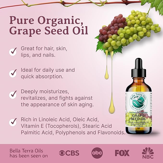 Bella Terra Oils - Natural Grape Seed Oil 8 oz - Dive into Natural Grape's Nutritional Power, Packed with Antioxidants & Omega-6, Elevate Your Skin Care Essence