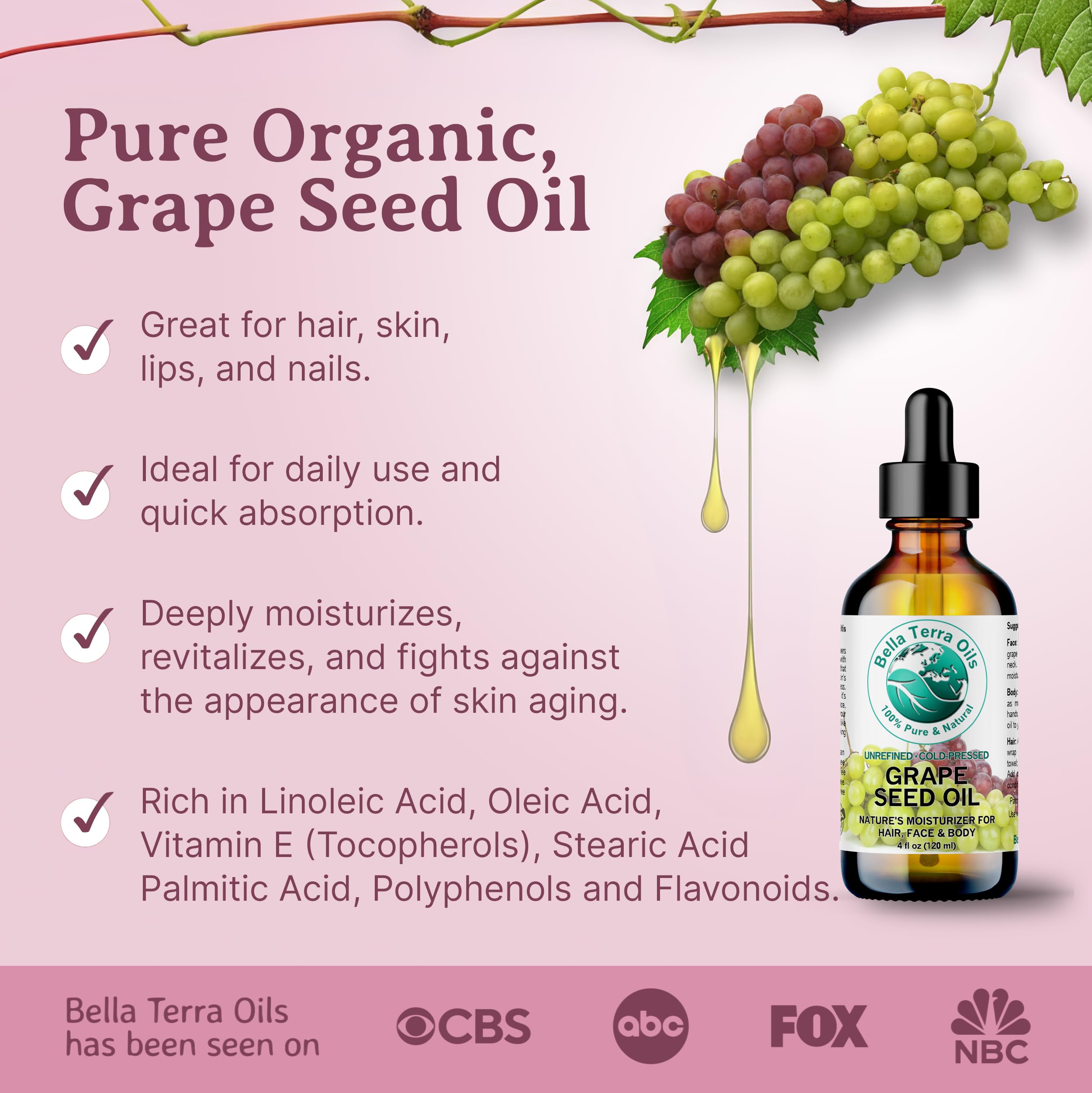 Bella Terra Oils Pure Grape Seed Oil – 1 gallon, Antioxidant-Rich, Lightweight, Radiant Skin, Frizz-Free Hair, Silky Touch