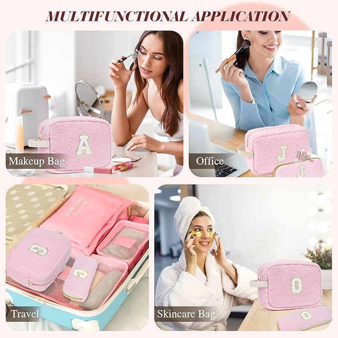 ibeacos 2PCS Makeup Bag with Initials, Valentines Day Gifts for Teen Girls Trendy Stuff, Personalized Cosmetic Travel Bag Pouch for Granddaughter, Cute Plush Make up Bags for Birthday - Pink T
