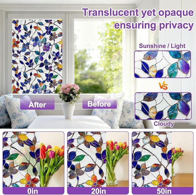 QHYsunshine Window Privacy Film Stained Glass Window Film Frosted Window Film Window clings Non-Adhesive Reusable Decorative for Home Removable (Purple Frosted,35.4 X 157.4 in