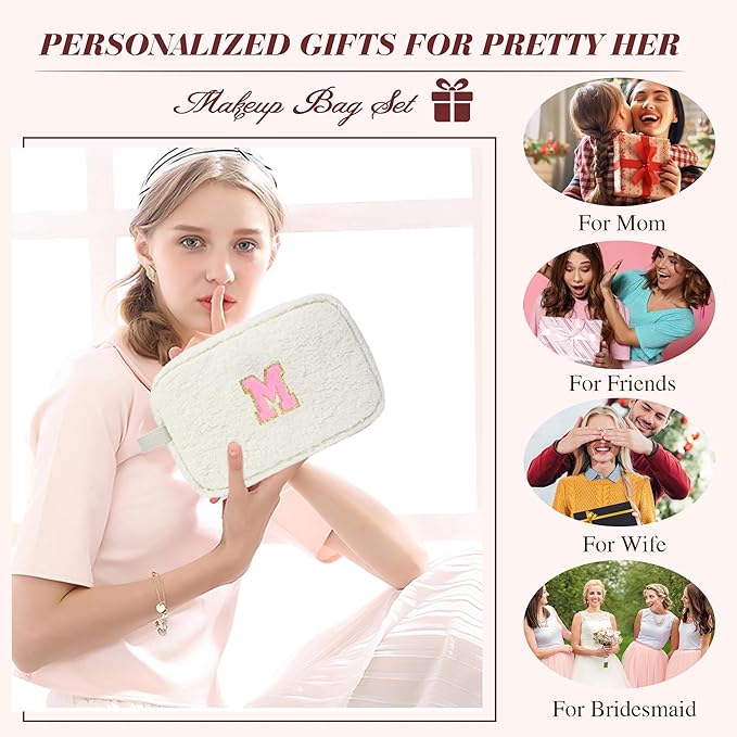 for Christmas Day Gifts, Travel Makeup Bag for Women, Initial Make Up Bag Set for 6 7 8 9 10 11 12 13 Years Old Kids Tween Girls, Large Cosmetic Skincare Bags for Birthday Gifts, White K