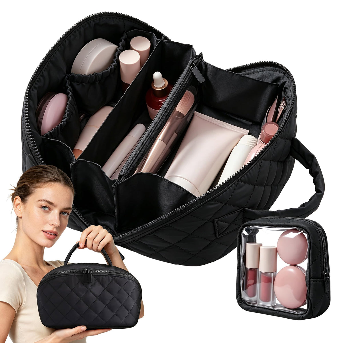 IrisCargo 2 Piece Travel Makeup Bag Organizer for Women, Pink Medium Set