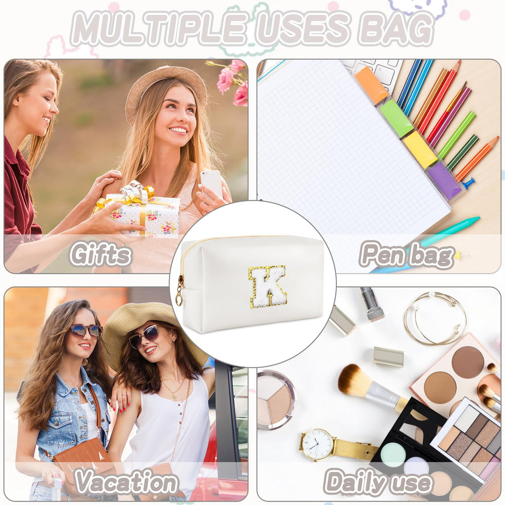 URSKYTOUS Gifts for Girls Initial Makeup Bag Personalized Cosmetic Bag with Zipper Cute Travel Toiletry Bags Waterproof PU Preppy Makeup Pouch Birthday Gift for Teen Girls Women(White K)