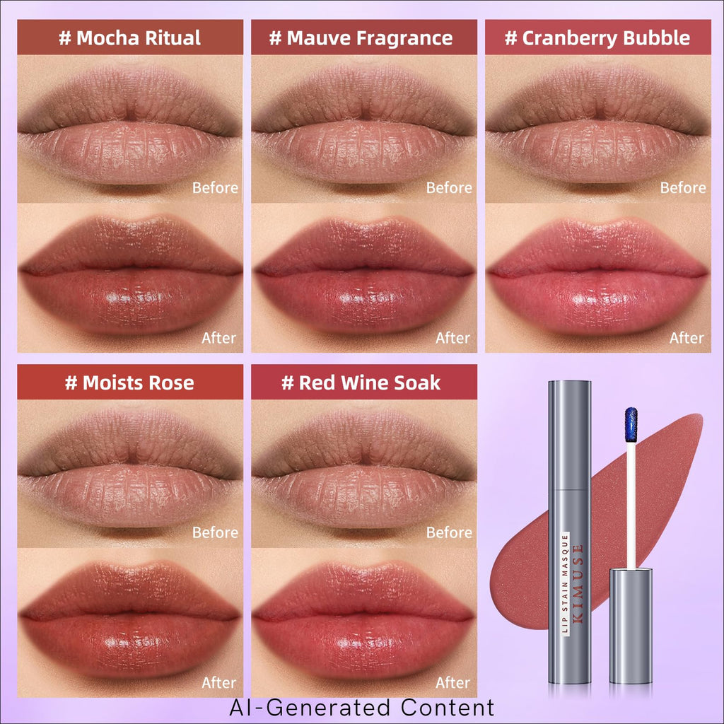 KIMUSE 5 Colors Lip Stain Masque - Long-Lasting Waterproof Lip Tint, Smudge-Proof Matte Lip Stains for All-Day Wear, Transfer-Resistant Lip Makeup
