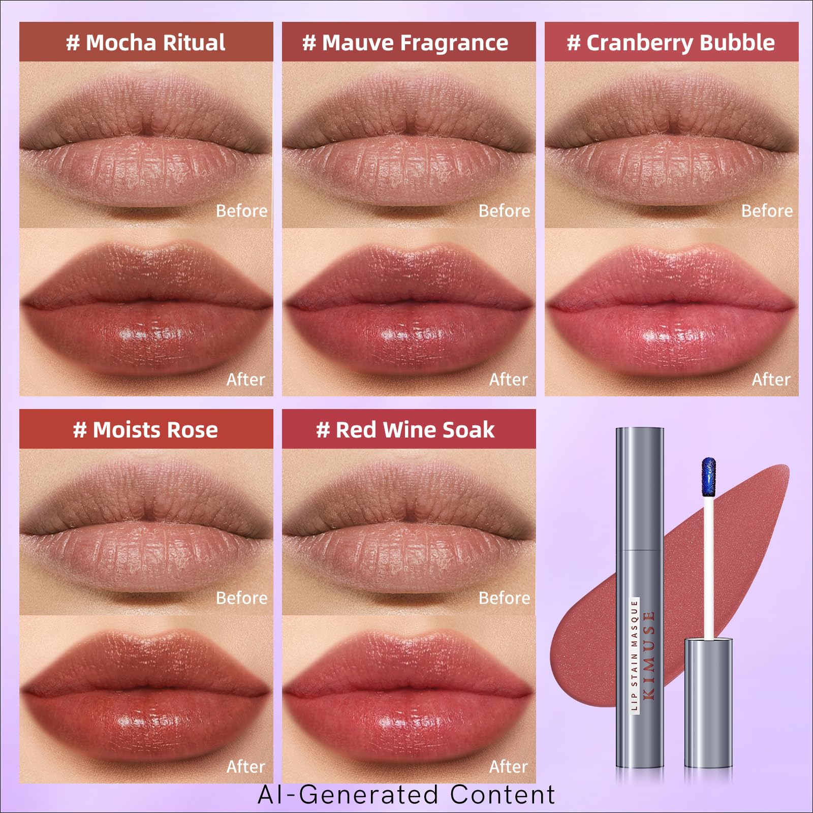 KIMUSE 5 Colors Lip Stain Masque - Long-Lasting Waterproof Lip Tint, Smudge-Proof Matte Lip Stains for All-Day Wear, Transfer-Resistant Lip Makeup
